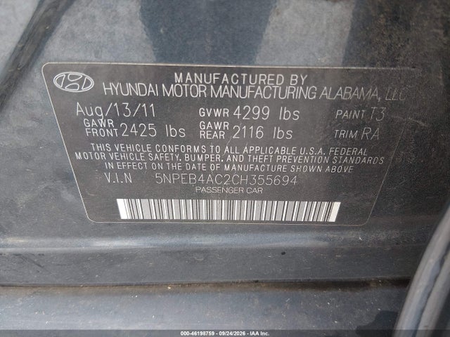 Aukcja sprzedaży 2012 Hyundai Sonata Gls, vin: 5NPEB4AC2CH355694, numer aukcji: 46198759
