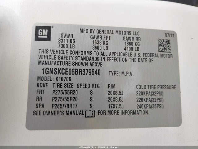46198761 :رقم المزاد ، 1GNSKCE06BR379640 vin ، 2011 Chevrolet Tahoe Ltz مزاد بيع