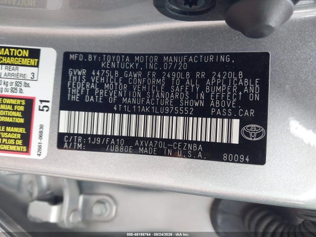 2020 Toyota Camry Le მანქანა იყიდება აუქციონზე, vin: 4T1L11AK1LU975552, აუქციონის ნომერი: 46198764