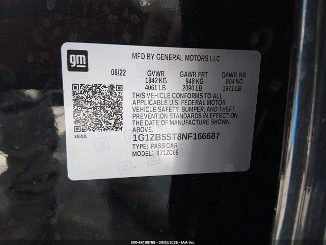 Продаж на аукціоні авто 2022 Chevrolet Malibu Fwd Ls, vin: 1G1ZB5ST8NF166687, номер лоту: 46198768