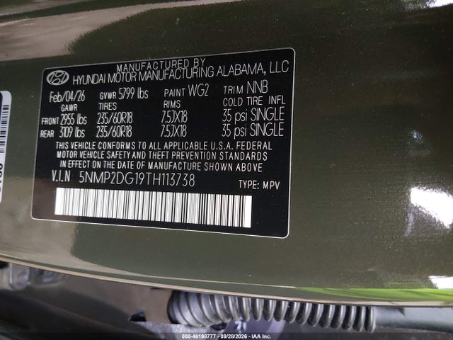 46198777 :رقم المزاد ، 5NMP2DG19TH113738 vin ، 2026 Hyundai Santa Fe Hybrid Sel مزاد بيع