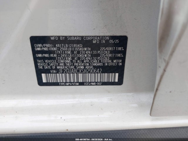 Продаж на аукціоні авто 2025 Subaru Crosstrek, vin: JF2GUABCXSH290642, номер лоту: 46198784