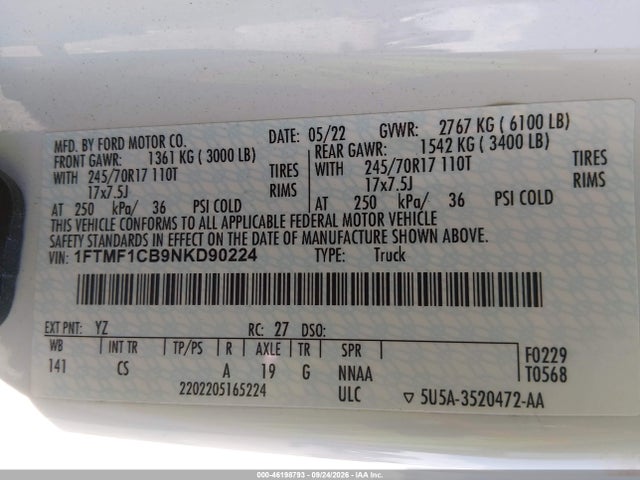 2022 Ford F-150 Xl მანქანა იყიდება აუქციონზე, vin: 1FTMF1CB9NKD90224, აუქციონის ნომერი: 46198793