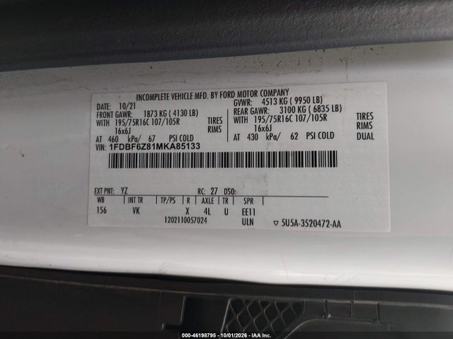 Продаж на аукціоні авто 2021 Ford Transit-350 Chasis Cabina, vin: 1FDBF6Z81MKA85133, номер лоту: 46198795