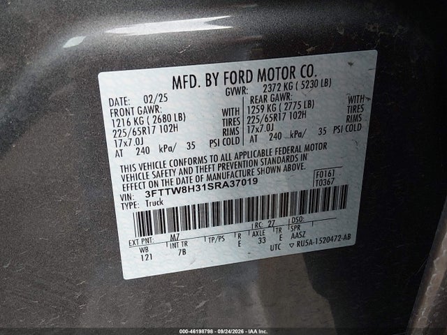 Продаж на аукціоні авто 2025 Ford Maverick Xlt, vin: 3FTTW8H31SRA37019, номер лоту: 46198798