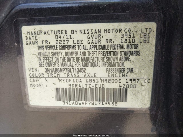 Aukcja sprzedaży 2011 Nissan Sentra 2.0s, vin: 3N1AB6AP7BL713452, numer aukcji: 46198803