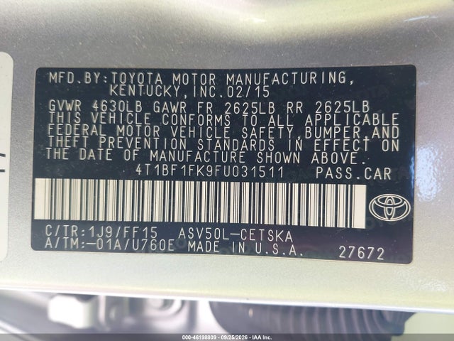 Продажа на аукционе авто 2015 Toyota Camry Se, vin: 4T1BF1FK9FU031511, номер лота: 46198809