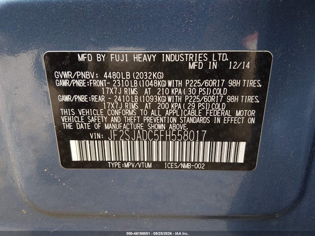 2015 Subaru Forester 2.5i Premium მანქანა იყიდება აუქციონზე, vin: JF2SJADC5FH558017, აუქციონის ნომერი: 46198851