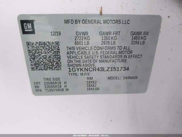 46198855 :رقم المزاد ، 1GYKNCR43LZ151734 vin ، 2020 Cadillac Xt5 Fwd Premium Luxury مزاد بيع