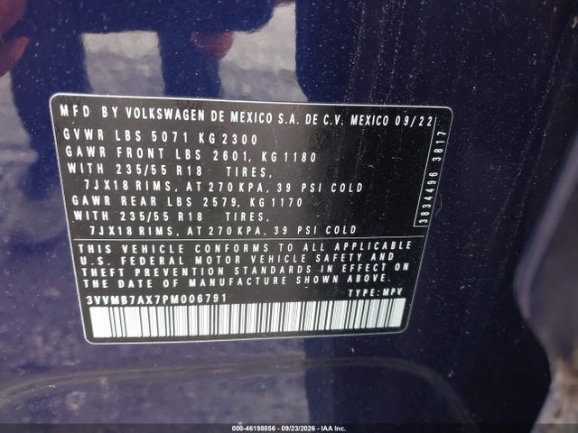 2023 Volkswagen Tiguan 2.0t Se მანქანა იყიდება აუქციონზე, vin: 3VVMB7AX7PM006791, აუქციონის ნომერი: 46198856