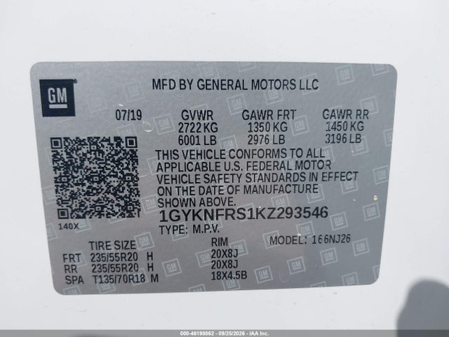 46198862 :رقم المزاد ، 1GYKNFRS1KZ293546 vin ، 2019 Cadillac Xt5 Premium Luxury مزاد بيع