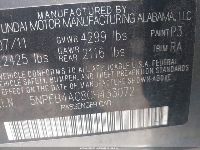 Продаж на аукціоні авто 2012 Hyundai Sonata Gls, vin: 5NPEB4AC8CH433072, номер лоту: 46198870
