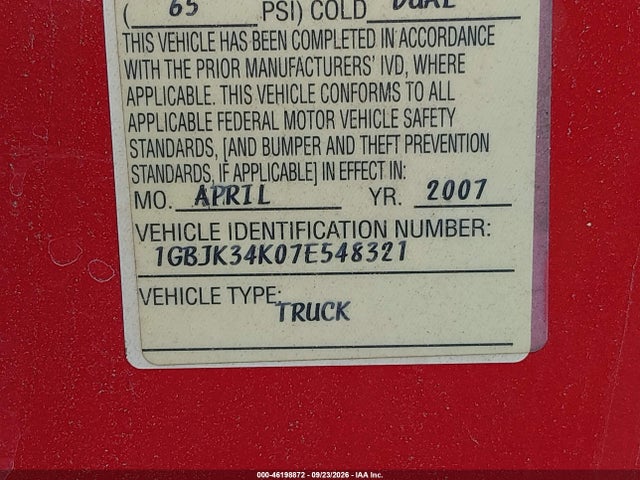 Aukcja sprzedaży 2007 Chevrolet Silverado 3500 Chassis Work Truck, vin: 1GBJK34K07E548321, numer aukcji: 46198872