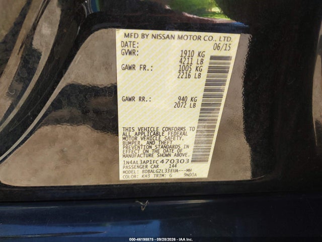 Продаж на аукціоні авто 2015 Nissan Altima 2.5 S, vin: 1N4AL3AP1FC470303, номер лоту: 46198875