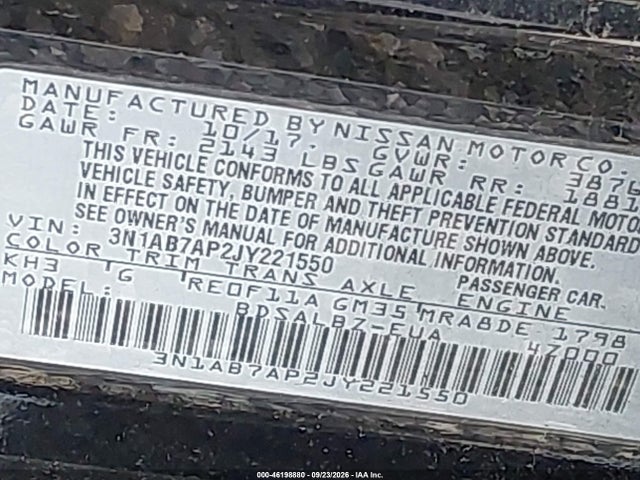 2018 Nissan Sentra S მანქანა იყიდება აუქციონზე, vin: 3N1AB7AP2JY221550, აუქციონის ნომერი: 46198880