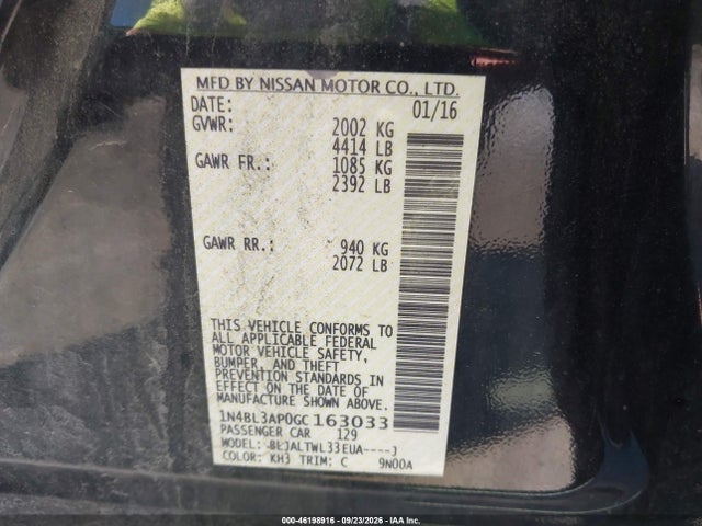 2016 Nissan Altima 3.5 Sl მანქანა იყიდება აუქციონზე, vin: 1N4BL3AP0GC163033, აუქციონის ნომერი: 46198916