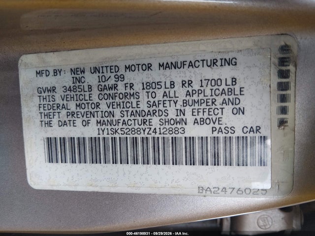 Aukcja sprzedaży 2000 Chevrolet Prizm, vin: 1Y1SK5288YZ412883, numer aukcji: 46198931