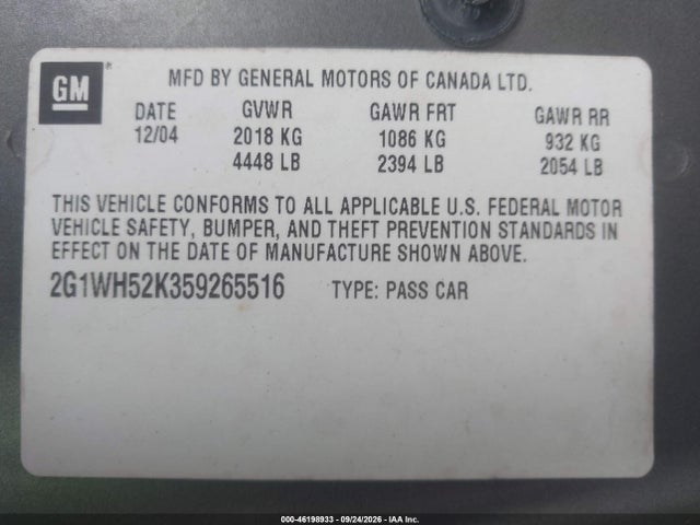 46198933 :رقم المزاد ، 2G1WH52K359265516 vin ، 2005 Chevrolet Impala Ls مزاد بيع