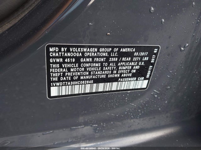 Продаж на аукціоні авто 2017 Volkswagen Passat 1.8t R-line, vin: 1VWDT7A30HC062645, номер лоту: 46198945