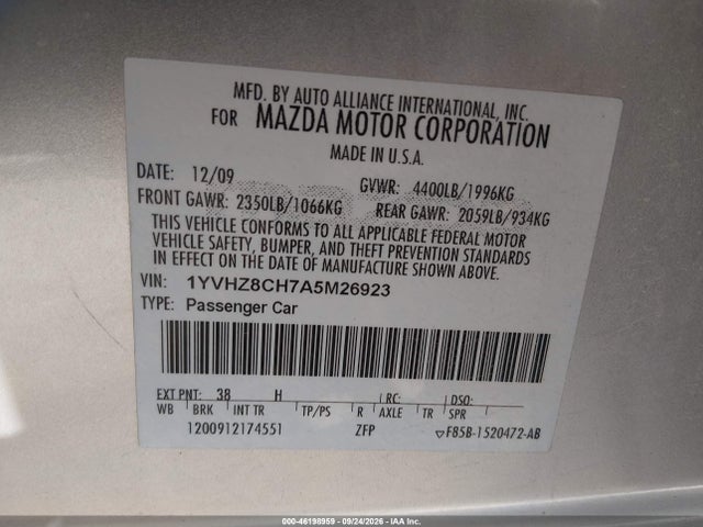 Aukcja sprzedaży 2010 Mazda Mazda6 I Touring, vin: 1YVHZ8CH7A5M26923, numer aukcji: 46198959