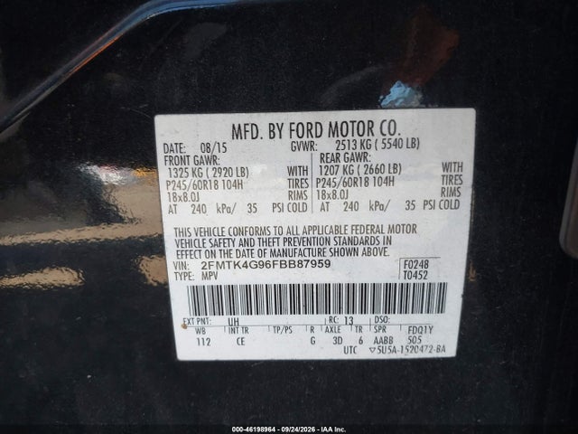 2015 Ford Edge Se მანქანა იყიდება აუქციონზე, vin: 2FMTK4G96FBB87959, აუქციონის ნომერი: 46198964
