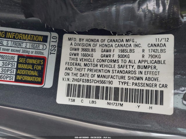2012 Honda Civic Lx მანქანა იყიდება აუქციონზე, vin: 2HGFG3B57CH566190, აუქციონის ნომერი: 46198969