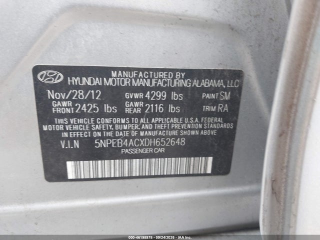 46198978 :رقم المزاد ، 5NPEB4ACXDH652648 vin ، 2013 Hyundai Sonata Gls مزاد بيع