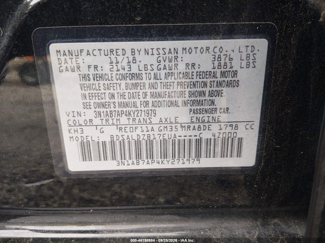 Aukcja sprzedaży 2019 Nissan Sentra Sv, vin: 3N1AB7AP4KY271979, numer aukcji: 46198984
