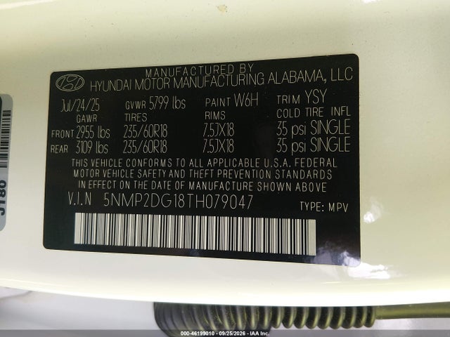 Aukcja sprzedaży 2026 Hyundai Santa Fe Hybrid Sel, vin: 5NMP2DG18TH079047, numer aukcji: 46199010