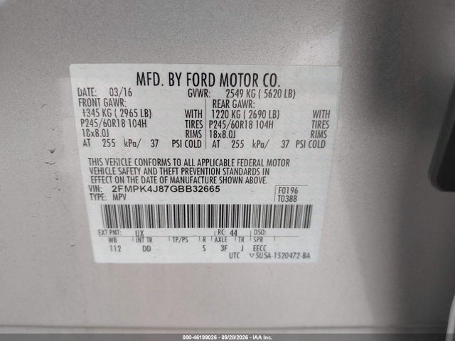 Продаж на аукціоні авто 2016 Ford Edge Sel, vin: 2FMPK4J87GBB32665, номер лоту: 46199026