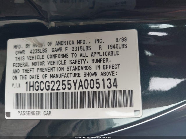 Продажа на аукционе авто 2000 Honda Accord 3.0 Ex, vin: 1HGCG2255YA005134, номер лота: 46199030