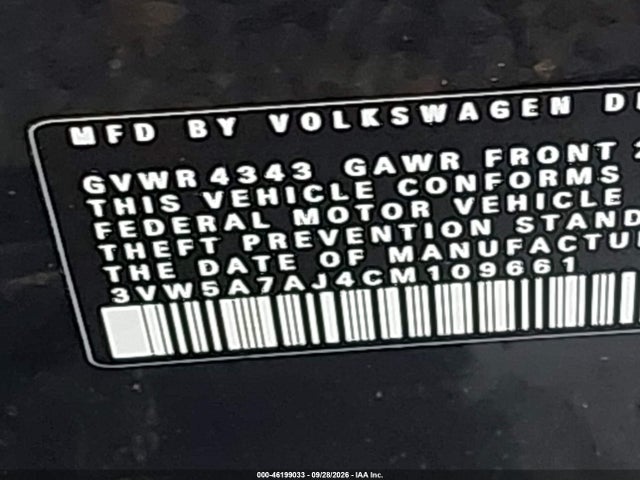 46199033 :رقم المزاد ، 3VW5A7AJ4CM109661 vin ، 2012 Volkswagen Gli Pzev مزاد بيع