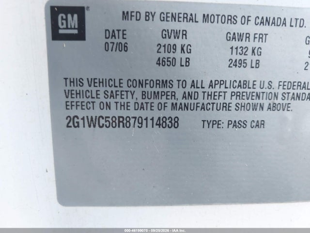 46199070 :رقم المزاد ، 2G1WC58R879114838 vin ، 2007 Chevrolet Impala Lt مزاد بيع