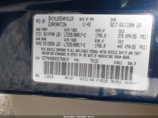Продажа на аукционе авто 2003 Dodge Ram 3500 Slt/st, vin: 3D7MA48683G750010, номер лота: 46199072