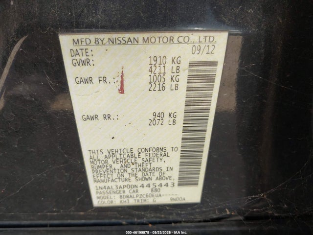 Продаж на аукціоні авто 2013 Nissan Altima 2.5, vin: 1N4AL3AP0DN445443, номер лоту: 46199078