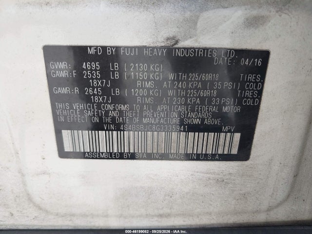 2016 Subaru Outback 2.5i Limited მანქანა იყიდება აუქციონზე, vin: 4S4BSBJC8G3335941, აუქციონის ნომერი: 46199082