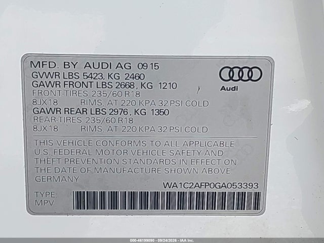 Продажа на аукционе авто 2016 Audi Q5 2.0t Premium, vin: WA1C2AFP0GA053393, номер лота: 46199090
