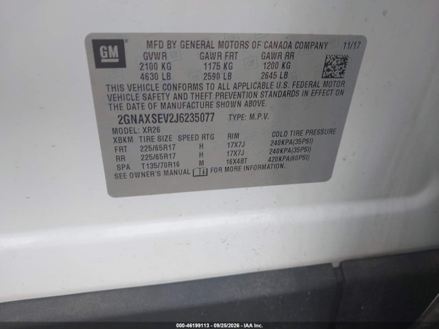46199113 :رقم المزاد ، 2GNAXSEV2J6235077 vin ، 2018 Chevrolet Equinox Lt مزاد بيع