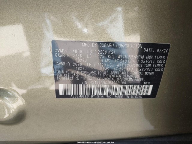 Продажа на аукционе авто 2024 Subaru Outback Limited, vin: 4S4BTANC7R3239108, номер лота: 46199115