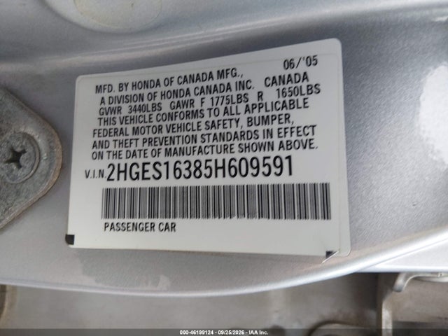 46199124 :رقم المزاد ، 2HGES16385H609591 vin ، 2005 Honda Civic Vp مزاد بيع