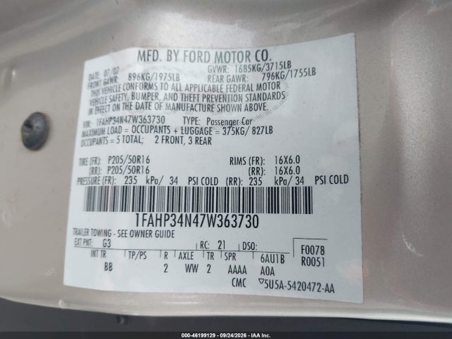 2007 Ford Focus S/se/ses მანქანა იყიდება აუქციონზე, vin: 1FAHP34N47W363730, აუქციონის ნომერი: 46199129