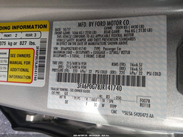 Продажа на аукционе авто 2018 Ford Fusion S, vin: 3FA6P0G78JR141740, номер лота: 46199135