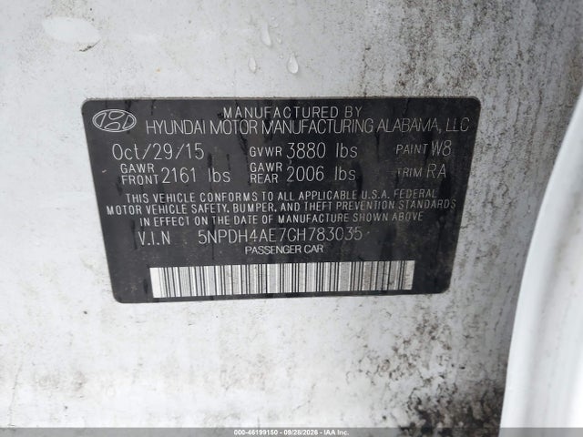 2016 Hyundai Elantra Se მანქანა იყიდება აუქციონზე, vin: 5NPDH4AE7GH783035, აუქციონის ნომერი: 46199150