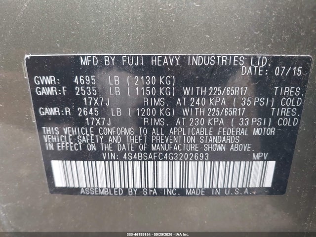 Aukcja sprzedaży 2016 Subaru Outback 2.5i Premium, vin: 4S4BSAFC4G3202693, numer aukcji: 46199154
