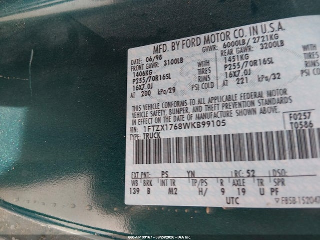 Продажа на аукционе авто 1998 Ford F-150 Lariat/standard/xl/xlt, vin: 1FTZX1768WKB99105, номер лота: 46199167