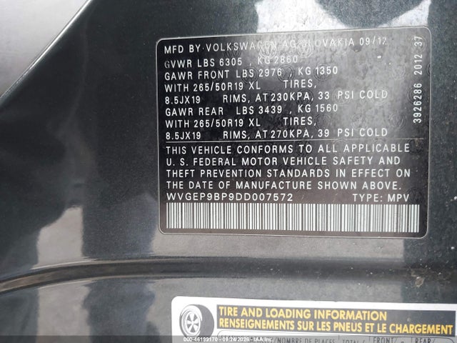 Aukcja sprzedaży 2013 Volkswagen Touareg Lux, vin: WVGEP9BP9DD007572, numer aukcji: 46199170