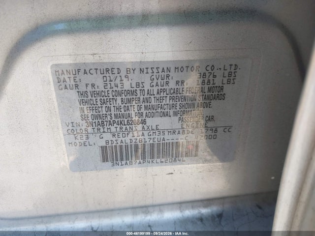 Aukcja sprzedaży 2019 Nissan Sentra Sv, vin: 3N1AB7AP4KL620846, numer aukcji: 46199199