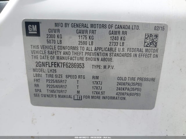 Продажа на аукционе авто 2015 Chevrolet Equinox Lt, vin: 2GNFLFEK7F6286953, номер лота: 46199213