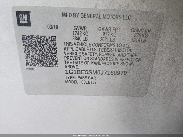 46199221 :رقم المزاد ، 1G1BE5SM0J7189970 vin ، 2018 Chevrolet Cruze Lt Auto مزاد بيع