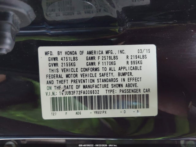 46199222 :رقم المزاد ، 19UUB3F72FA006632 vin ، 2015 Acura Tlx V6 Advance مزاد بيع